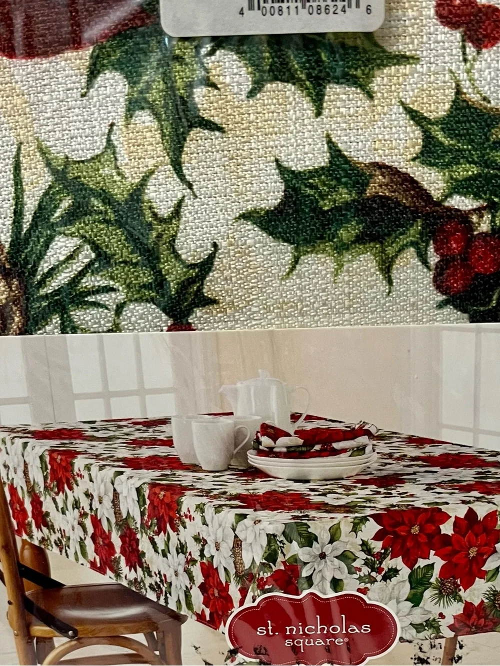 St. Nicholas Square Christmas Tablecloth Oblong 60x84 NWT Poinsettia Holly